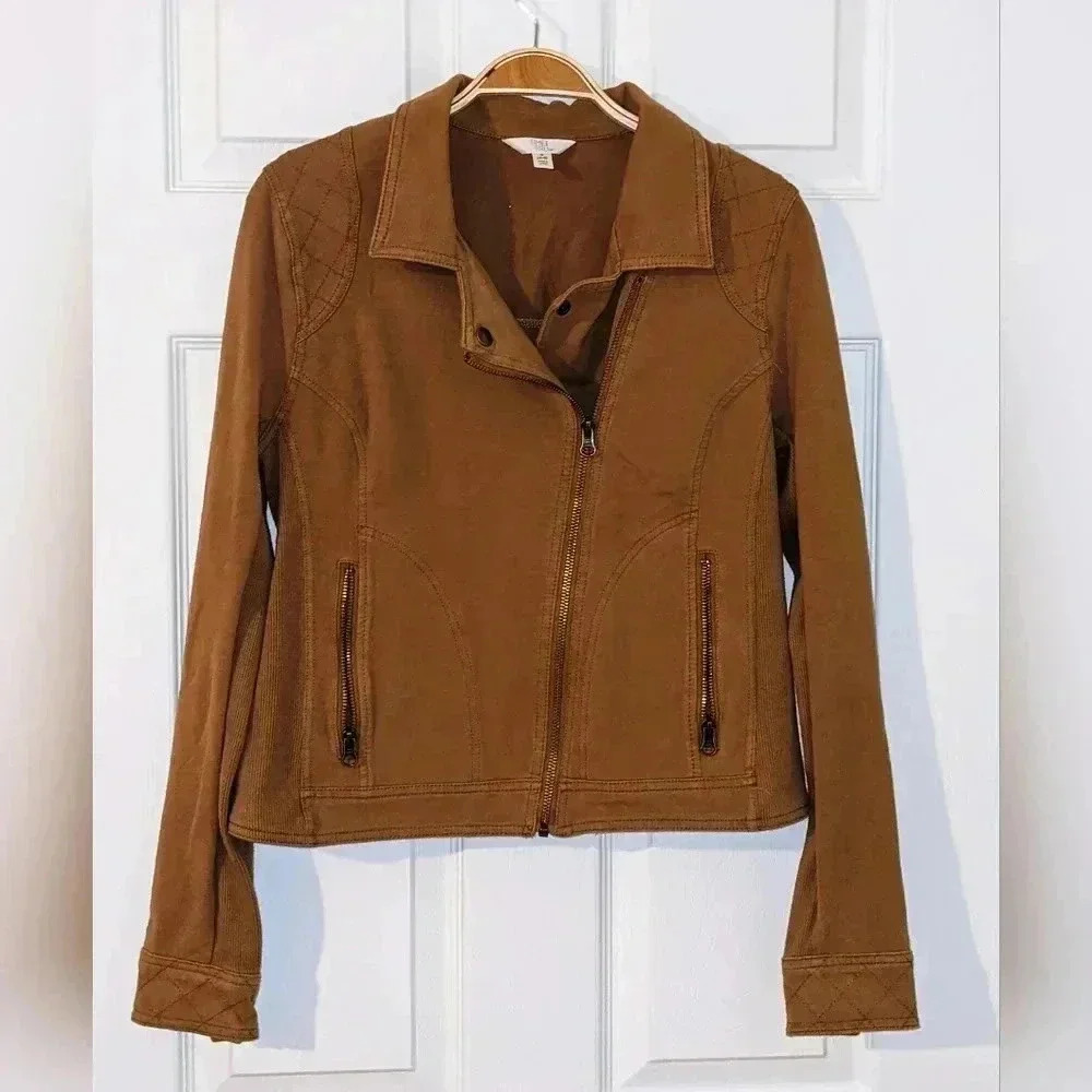 TIME‎ AND TRU Women's Casual Knit Moto Jacket Tan Brown Zipper Sz. Small